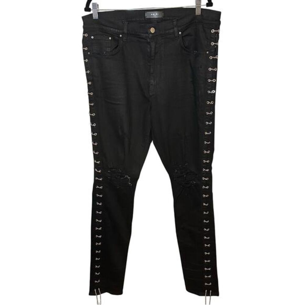 Amiri Men's Black Chain Track Denim Skinny Distressed Knee Jeans Size 38